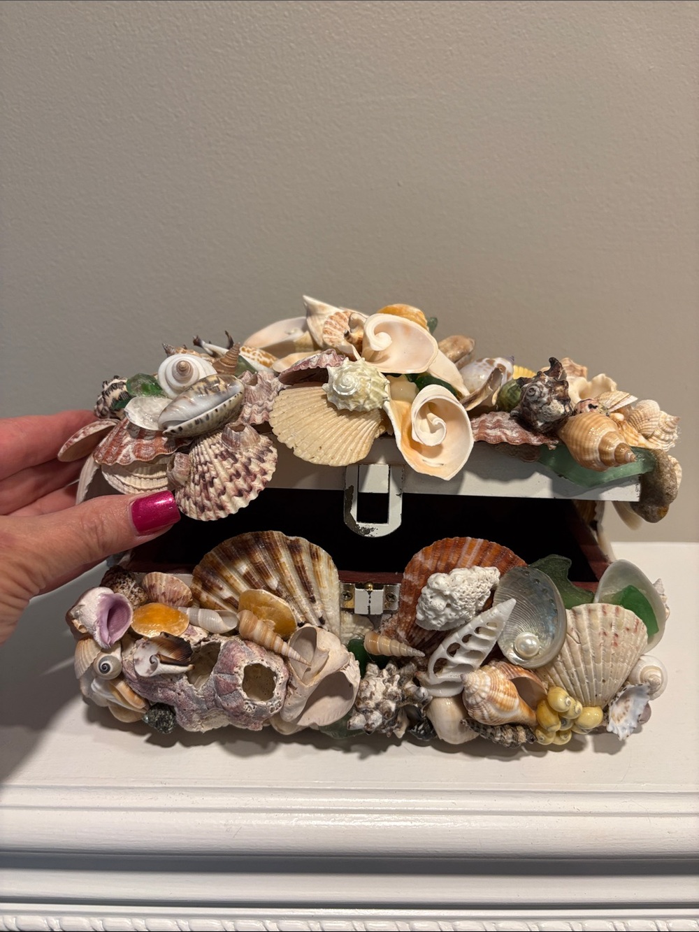 Handcrafted Seashell & Sea Glass Embellished Jewelry Box Signed & Dated